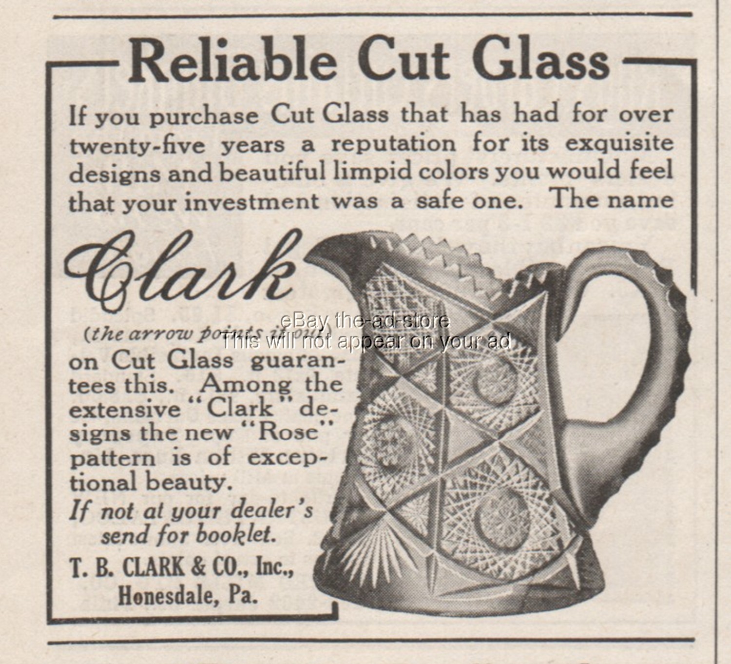 1910 T B Clark & Company Honesdale PA Rose Pattern Cut Glass Pitcher Vintage Ad