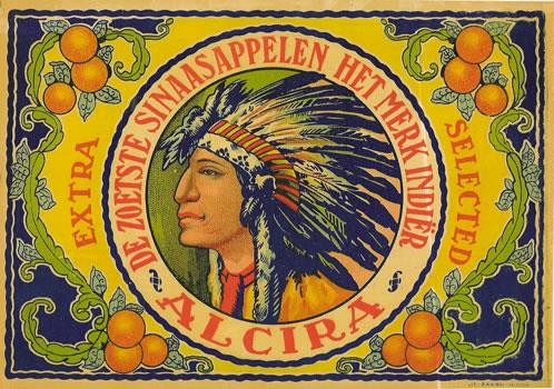 Vintage Alciria Valencia Orange Label Native American Chief Headdress NOS Spain