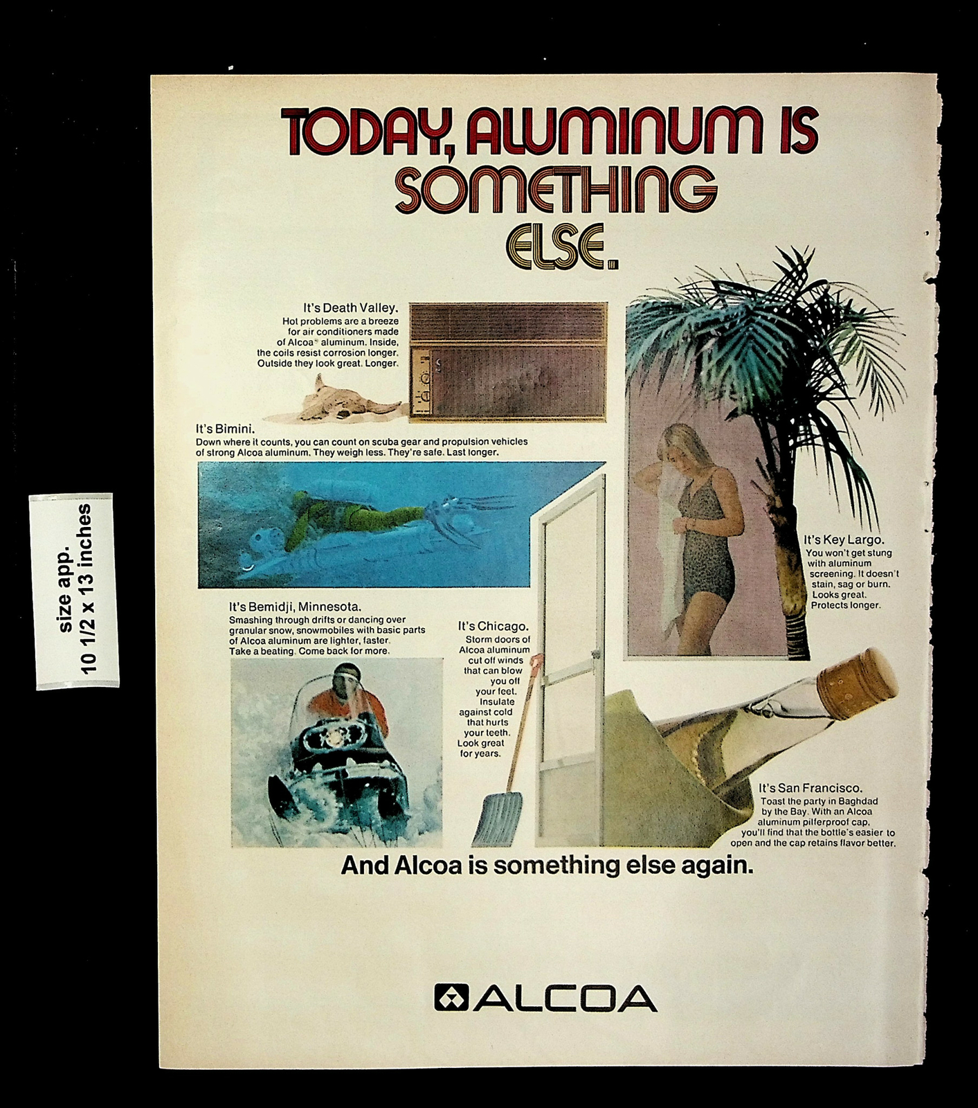 1971 Alcoa Aluminum Woman Swimsuit Palm Tree Snowmobile Vintage Print Ad 23739