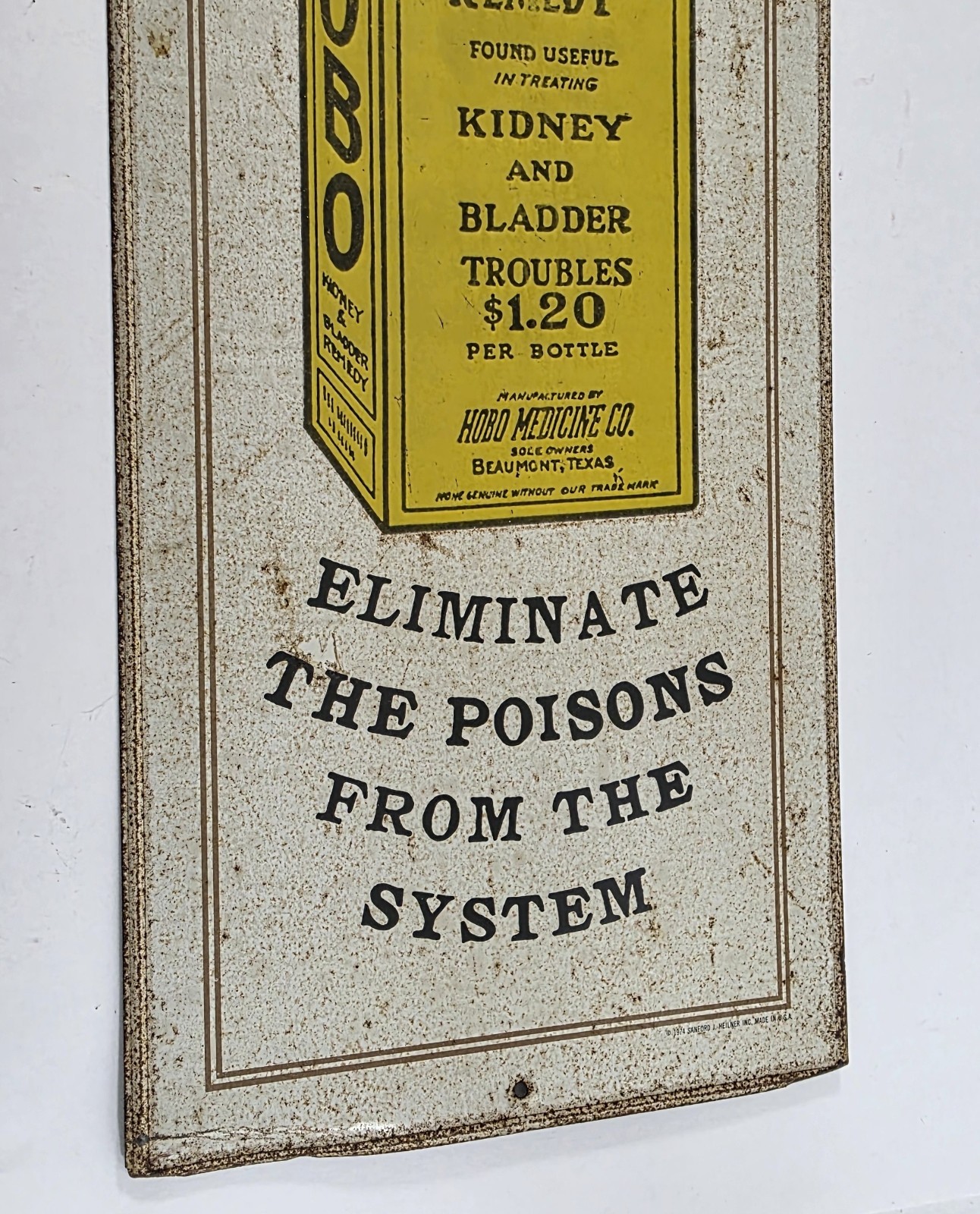 Hobo Kidney and Bladder Remedy Tin Sign 19″x7″ Sanford J. Heilner 1974 USA