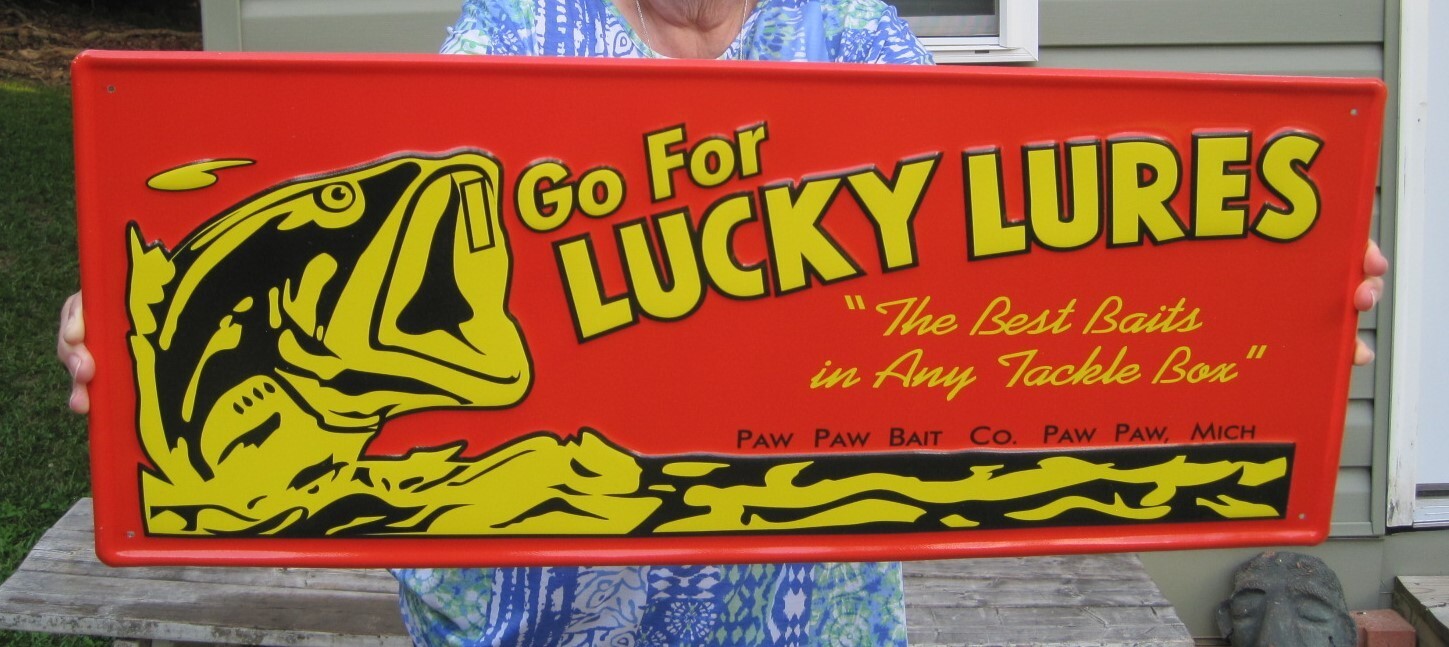Lucky Fishing Lures Paw Paw Bait Co. Michigan Advertising Embossed Fishing Sign