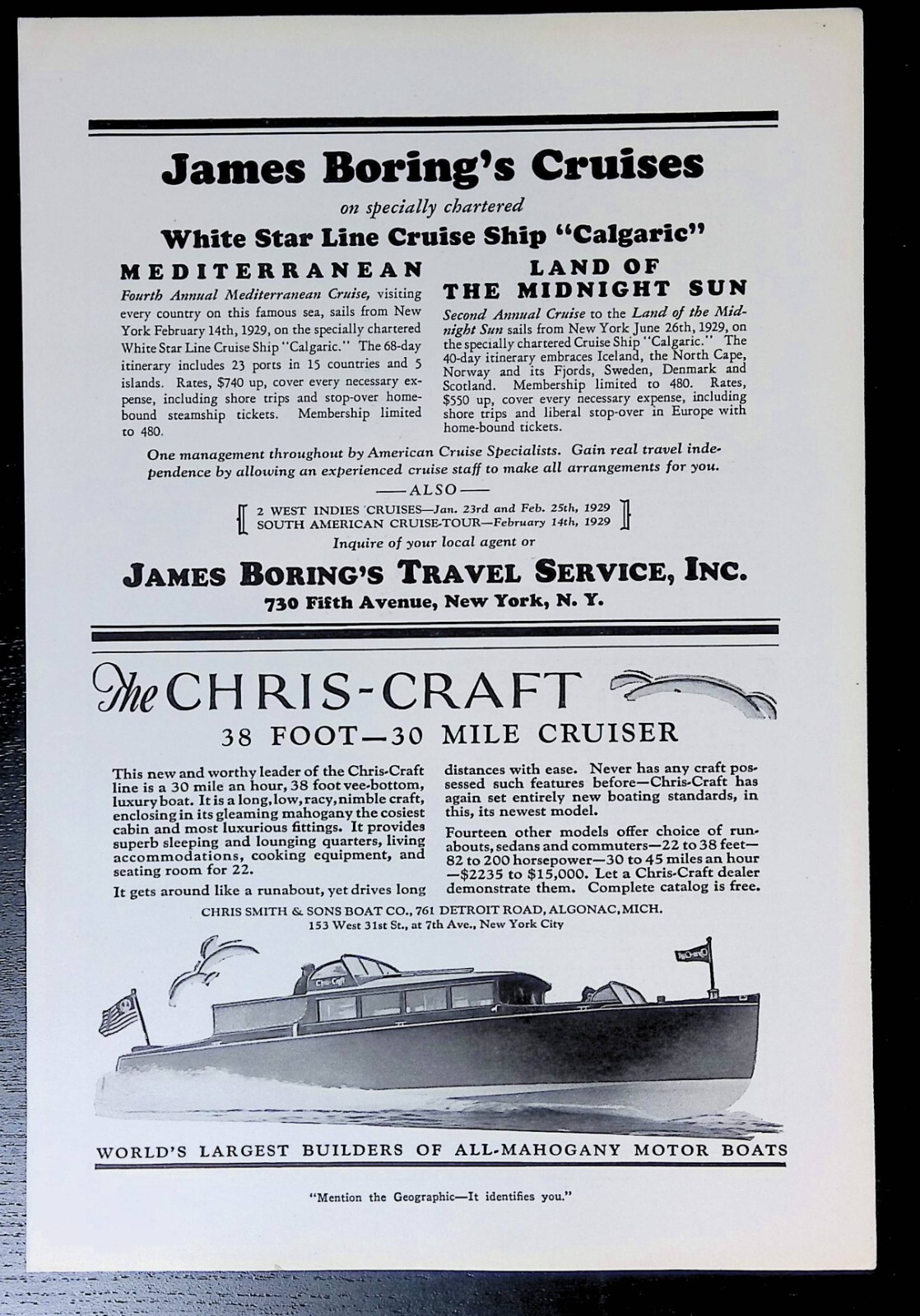 Print Ad 1929 Chris-Craft Mahogany 38 Foot Cruiser Algonac Michigan