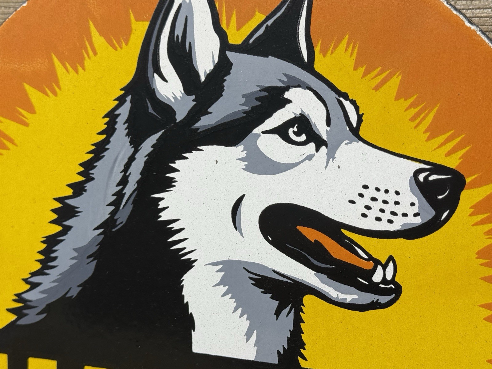 VINTAGE HUSKY GASOLINE PORCELAIN SIGN K-9 GAS STATION PUMP PLATE MOTOR OIL DOG