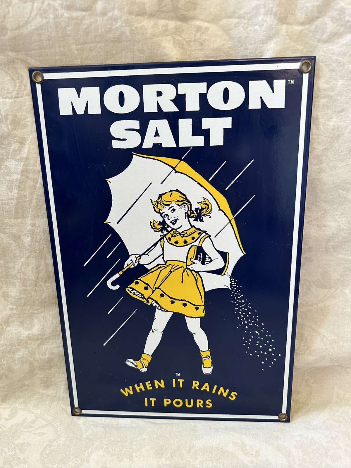 Morton Salt Sign Andy Rooney 1950’s Porcelain Sign Reproduction, Enamel/Metal