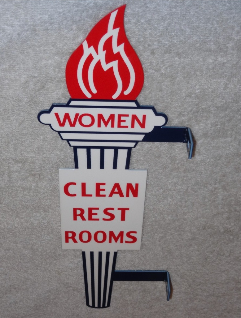 VINTAGE STANDARD GASOLINE TORCH WOMAN RESTROOM 13″ METAL GAS & OIL BATHROOM SIGN