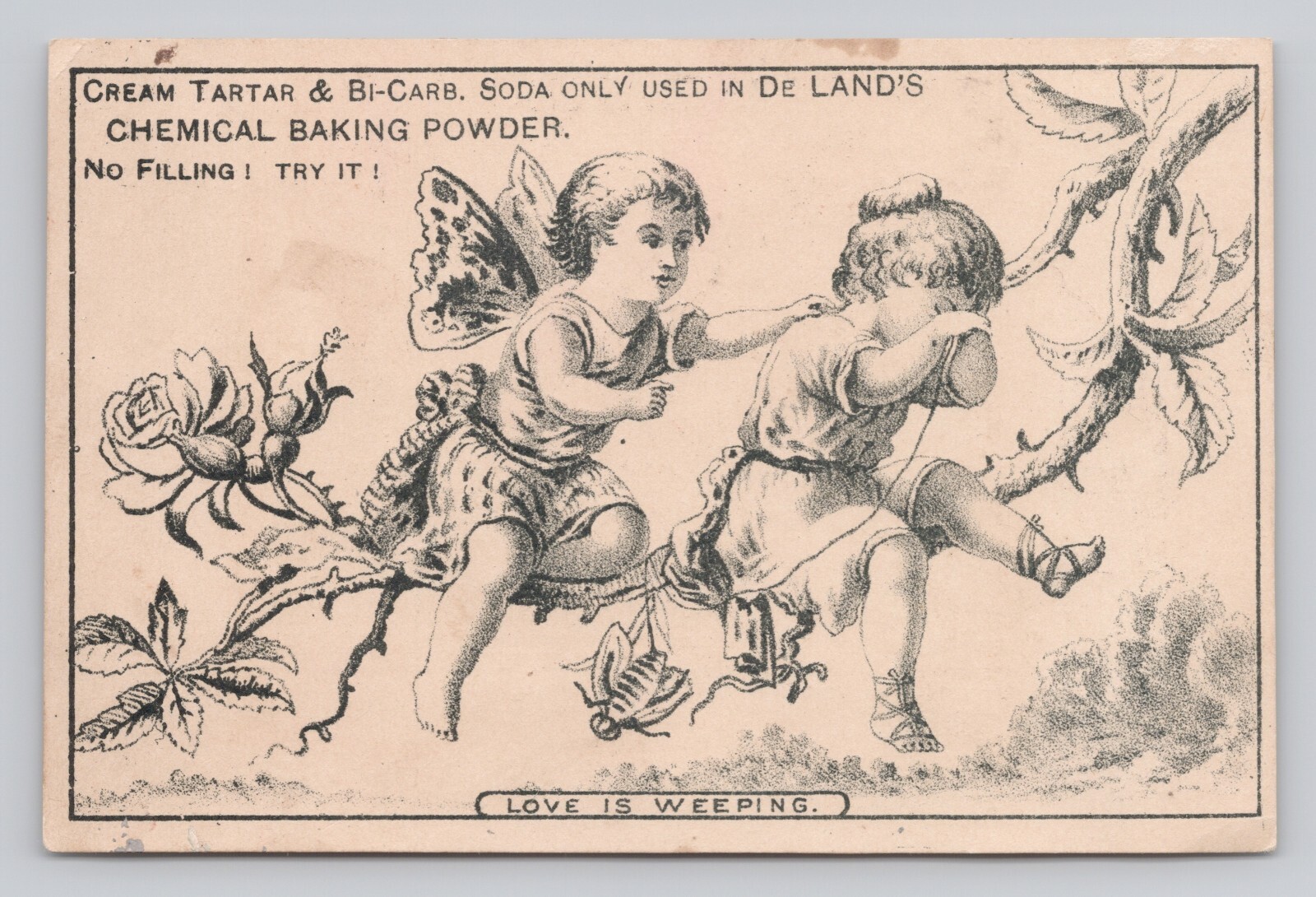 Victorian Trade Card Love is Weeping DeLand & Co Baking Powder La Porte City IA