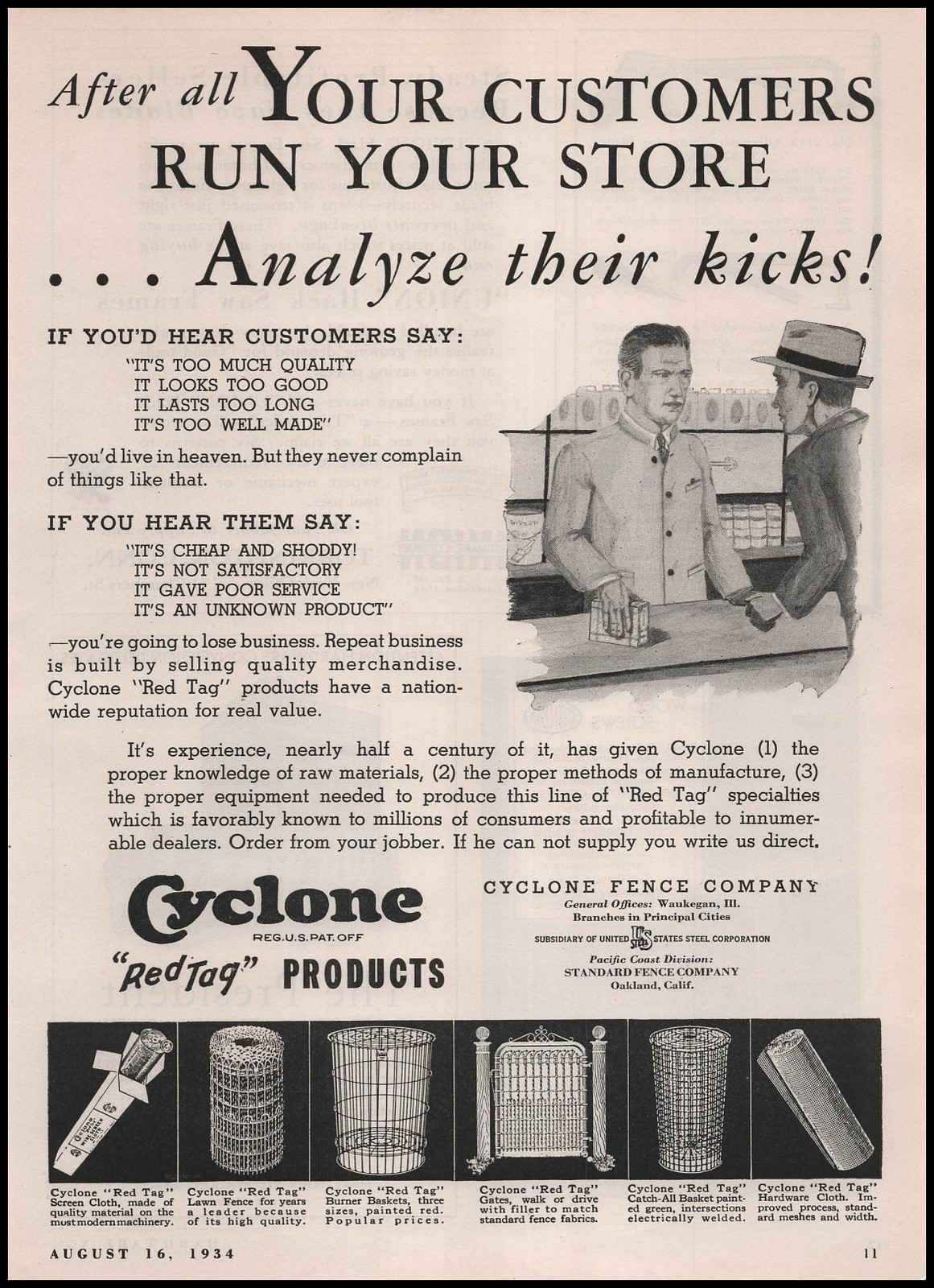 1934 Cyclone Fence Co. Red Tag Lawn Fence Gates Burner Baskets Vintage Print Ad