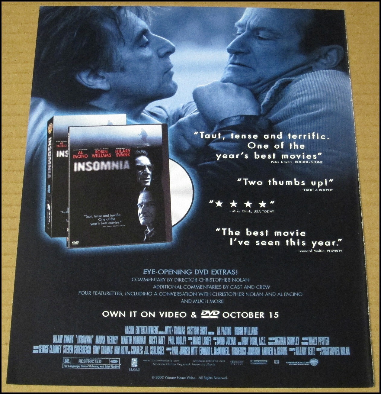 2002 Insomnia Print Ad Movie DVD Advertisement Al Pacino Robin Williams VTG
