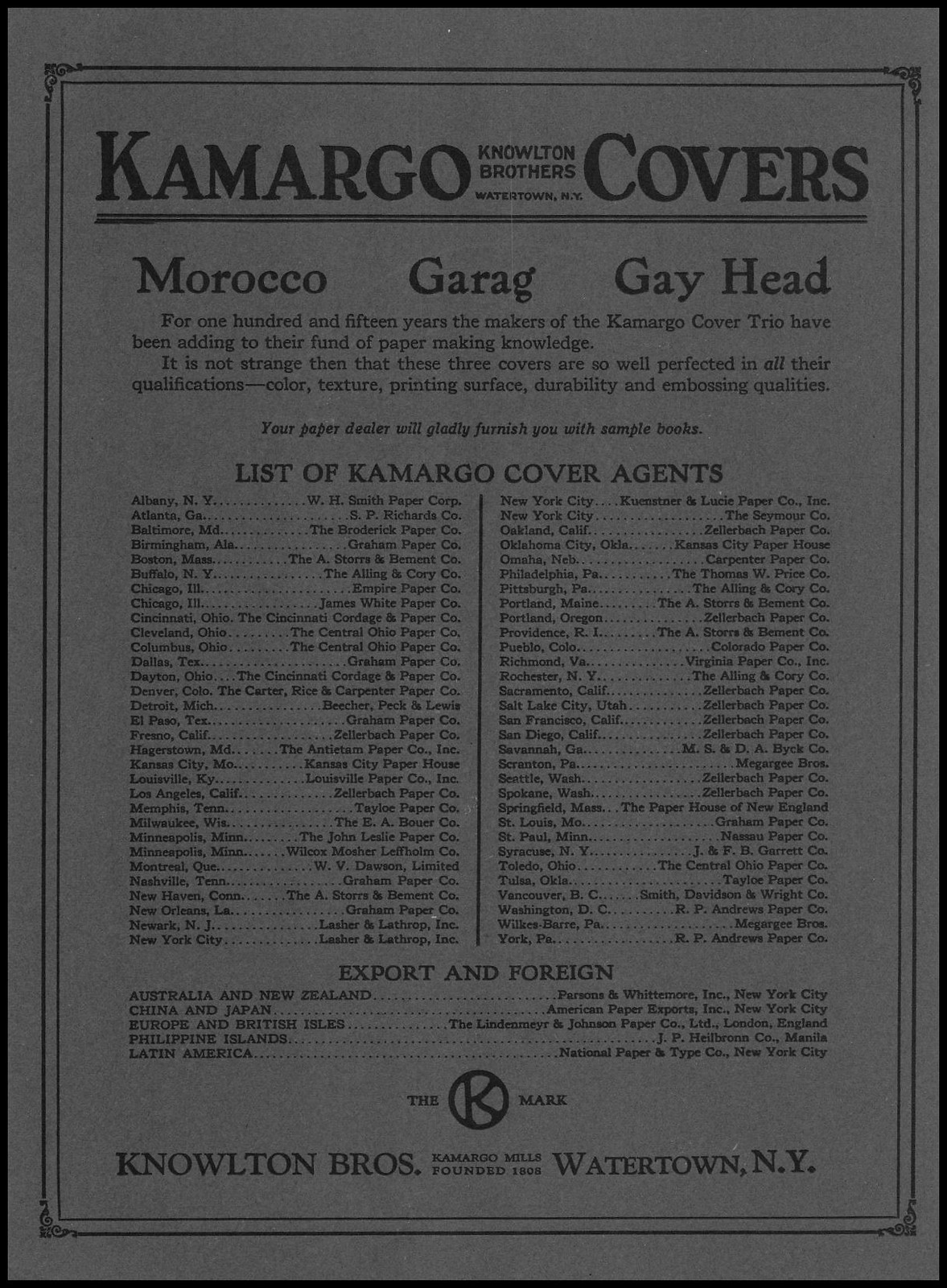 1923 Knowlton Bros. Watertown New York Kamargo Book Covers Art Vintage Print Ad