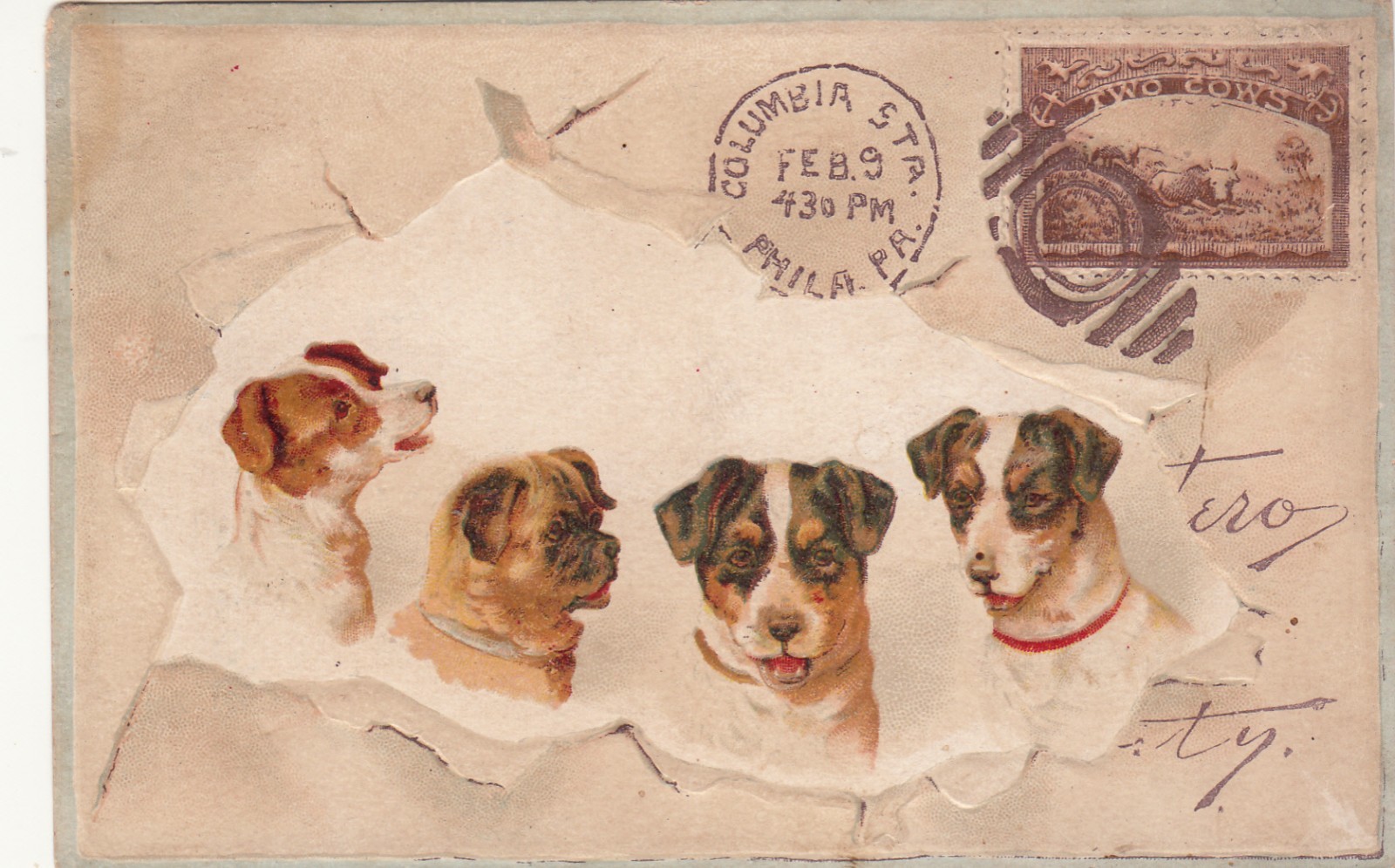 Woolson Spice Co Toledo Lion Coffee Dogs Envelope Stamp Vict Card c1880s