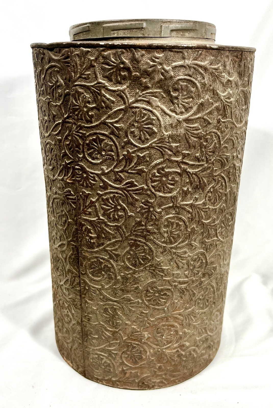 Antique Loverin Browne Co Wholesale Grocers Embossed Tin Coffee Canister Bin 14”