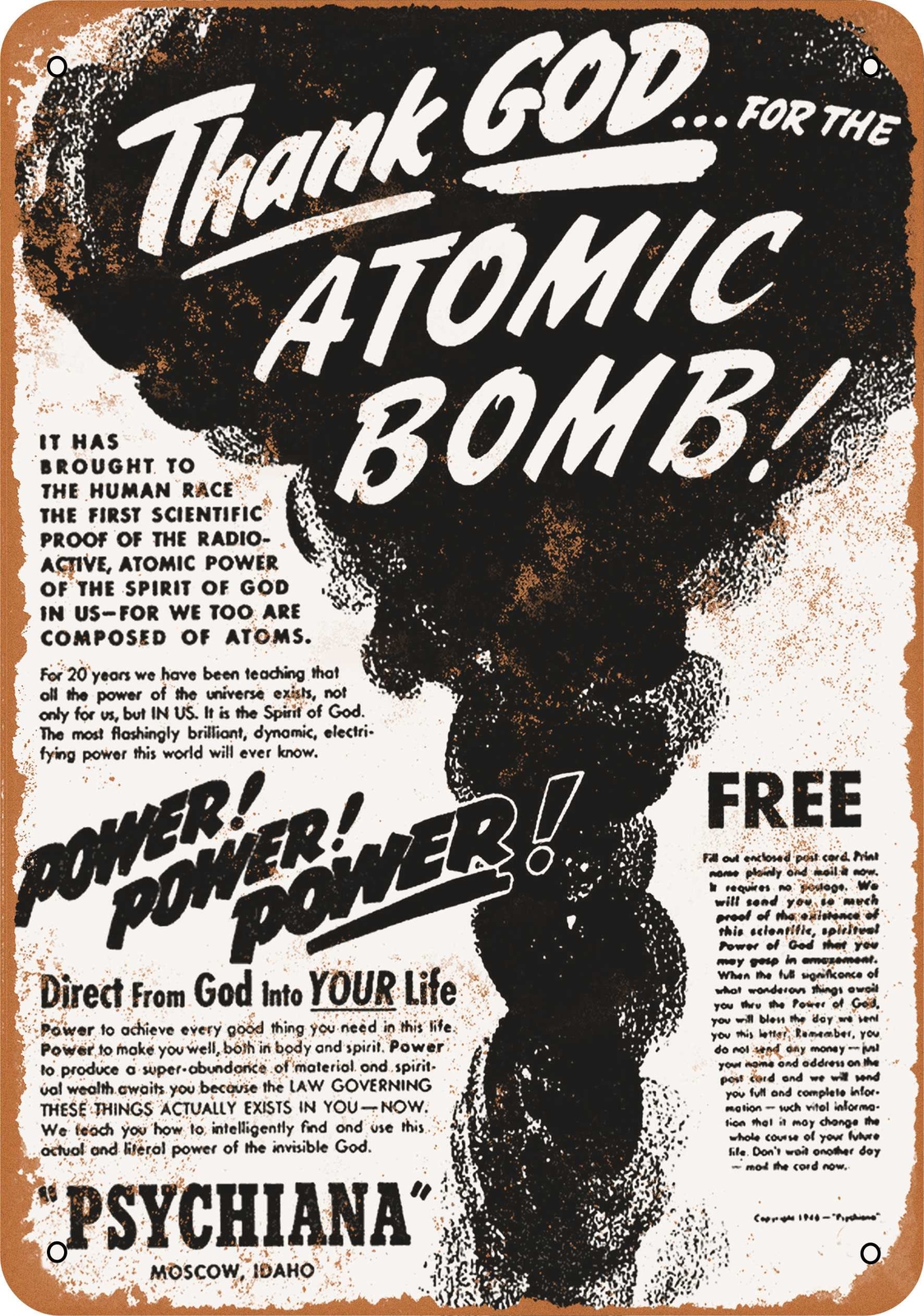 Metal Sign – 1946 Thank God for the Atomic Bomb – Vintage Look Reproduction