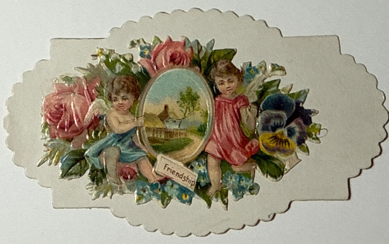 1880s LUELLA & JUSTIN FRIENDSHIP Peekaboo Hand Die cut Victorian Calling Card