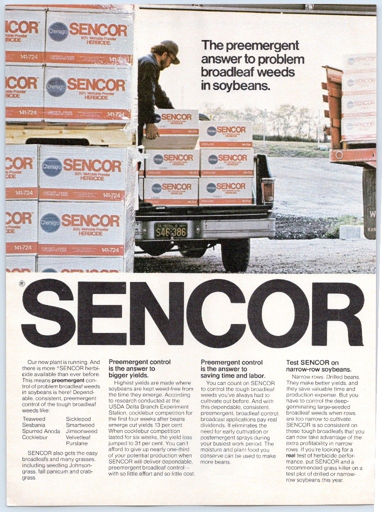 Sencor Chemagro Herbicide Soybean Weed Control Farm 1976 Print Ad