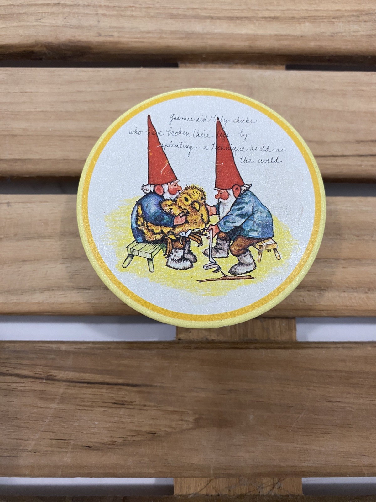 Gnomes Mini Tin Vintage Gnome Caring For Inured Baby Chick 1980 Potpourri Press