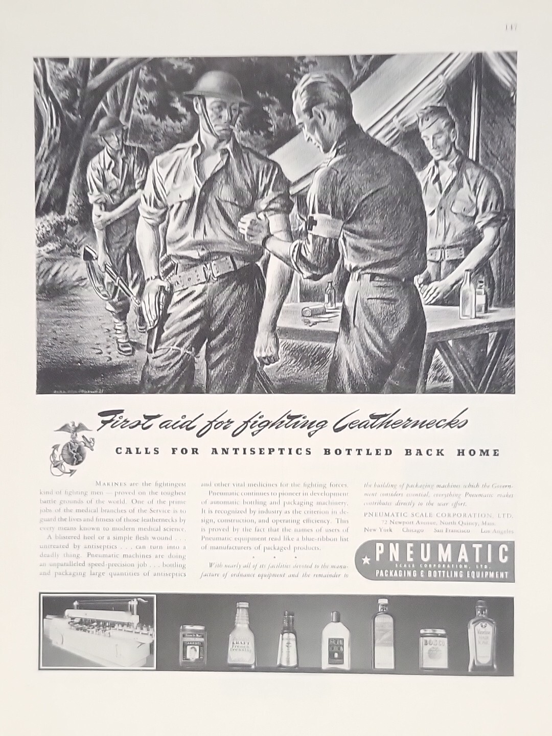 1942 Pneumatic Packaging Fortune WW2 Print Ad Q3 U.S. Leathernecks First Aid WAR
