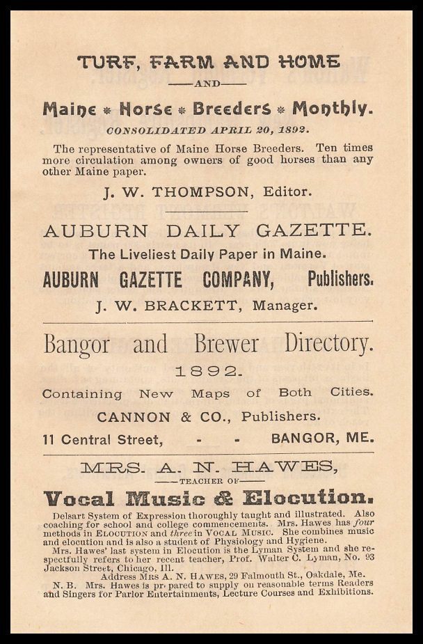 1892 Mrs. A. N. Hawes Oakdale Maine Teacher Of Vocal Music Elocution Print Ad
