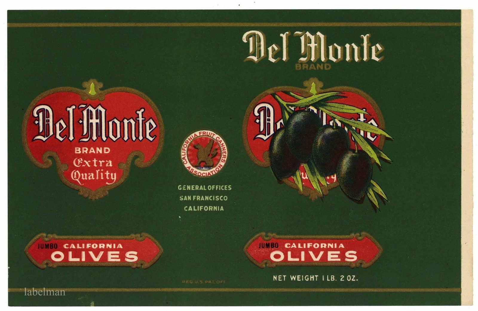 DEL MONTE Embossed Olive Can Label tall, ORIGINAL 1910’s TIN CAN LABEL, 497