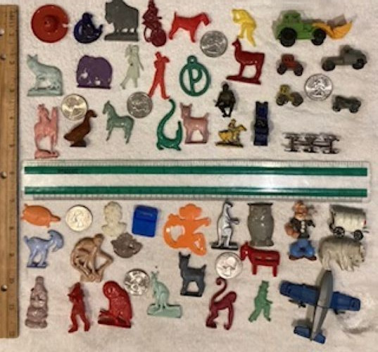 47 Vintage Cracker Jack Charms Prizes – Gumball Toys – Celluloid Plastic Metal
