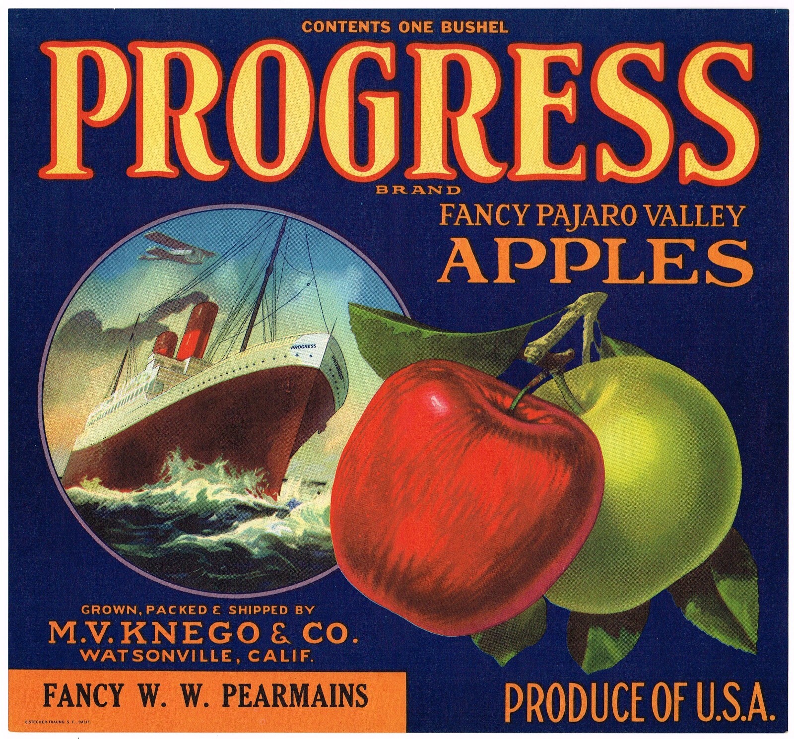 ORIGINAL APPLE CRATE LABEL WATSONVILLE VINTAGE SHIP AIRPLANE PERMAINS FILE 1952