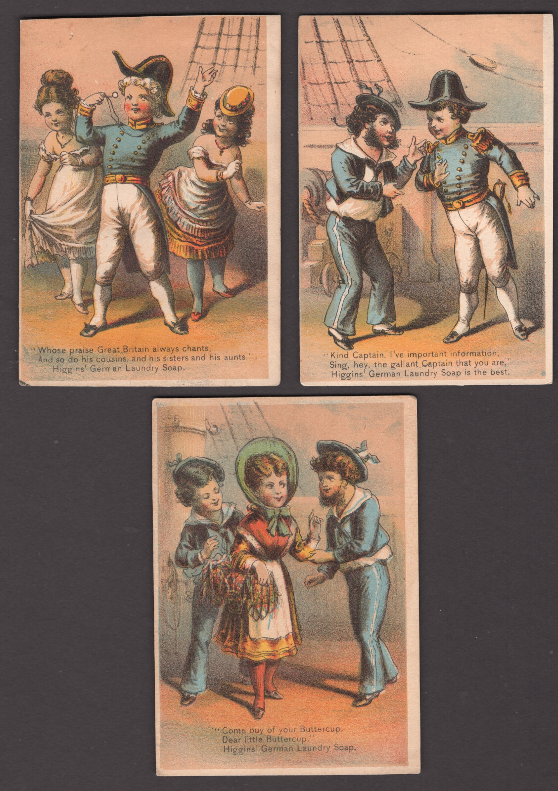 1880’s ~ 3 HIGGINS’ GERMAN LAUNDRY SOAP TRADE CARDS, COLORFUL MATCHED SET V624