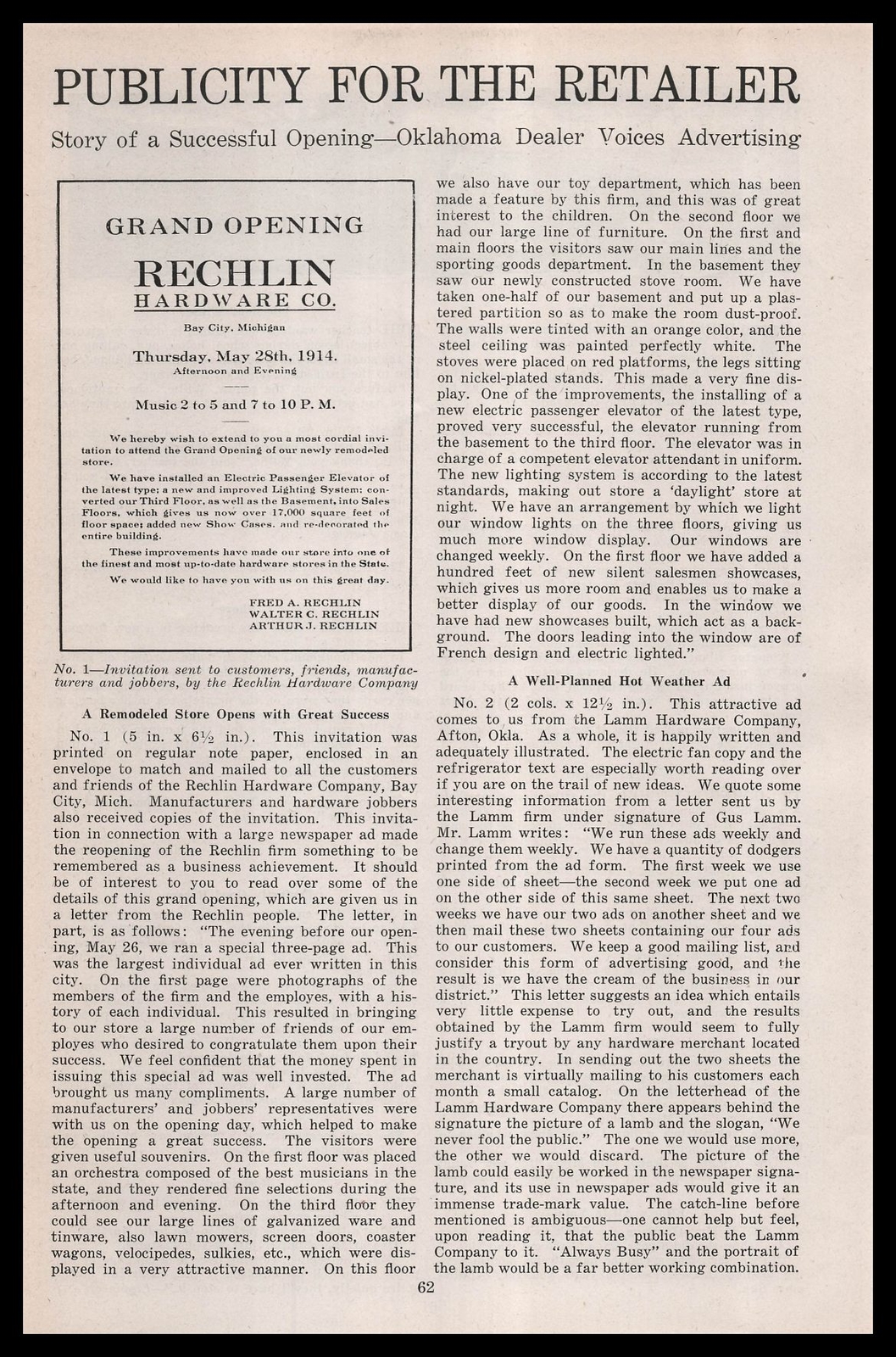 1914 Lamm Hardware Company Afton Oklahoma 2-Page Article Print Ad