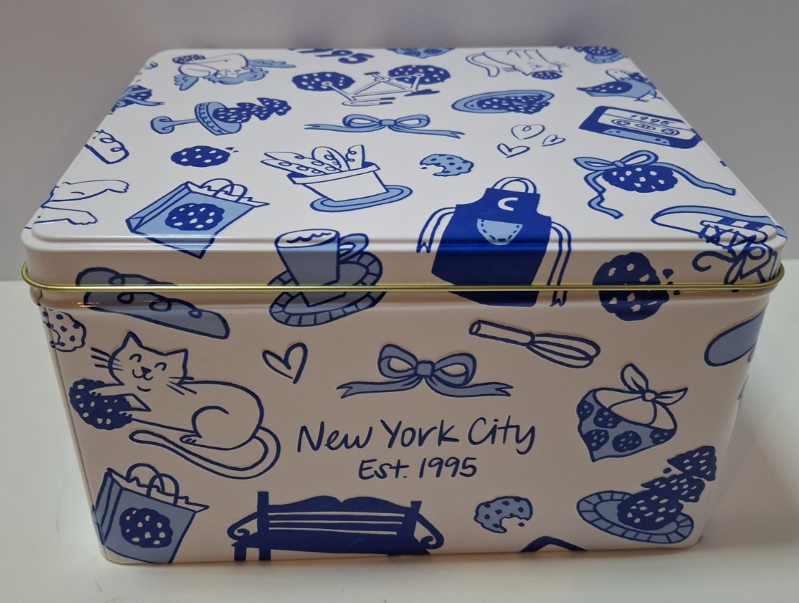 Levian Bakery Embossed Tin Container w/Lid 30th Anniversary Blue & White Empty