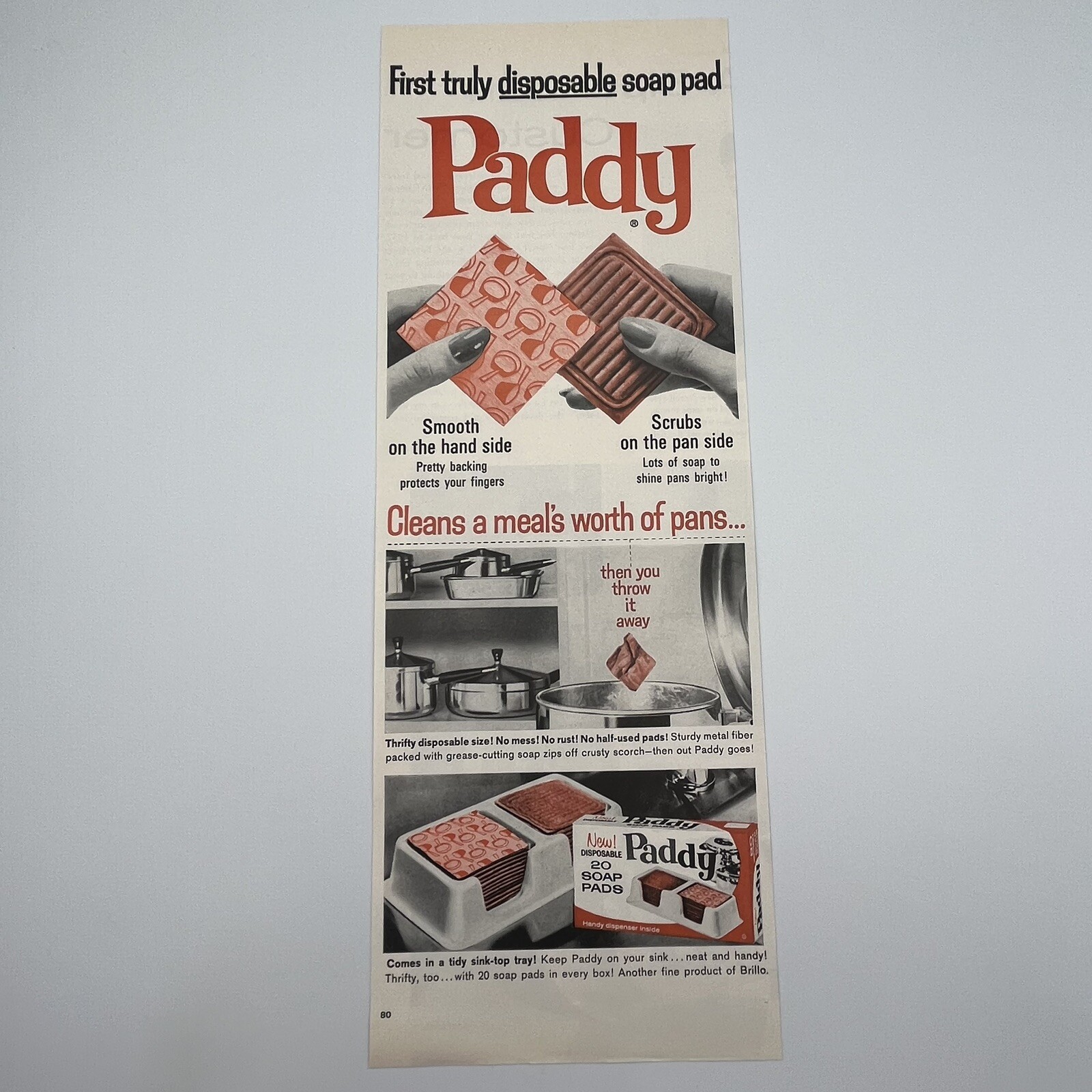 Brillo Paddy Soap Pads 1963 Vtg Print Ad 5″x13.75″ first disposable soap pad