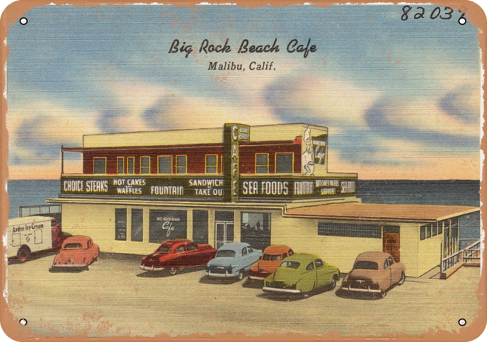 METAL SIGN – California Postcard – Big Rock Beach Cafe, Malibu, Calif. 5