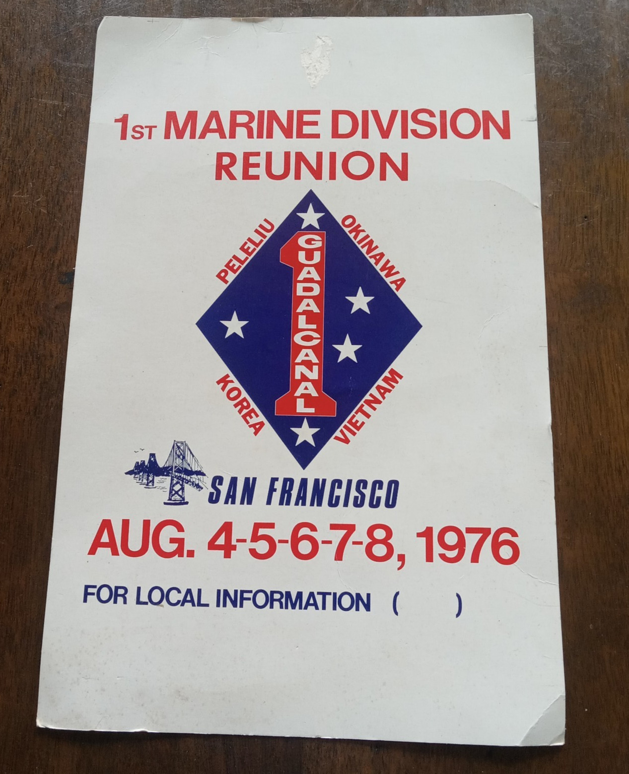 Original 1976 First 1st Marine Division Reunion Cardboard Poster San Francisco