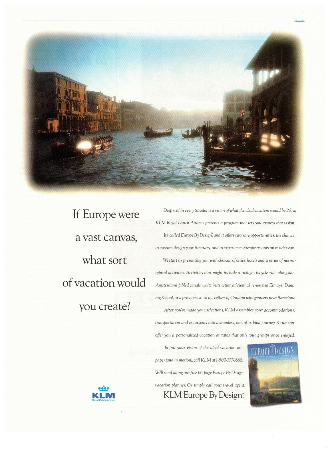 1991 KLM Royal Dutch Airlines Europe Vacation Vintage Print Advertisement