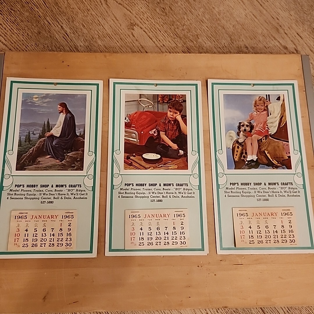 Vintage Calendars 1965 Pops Hobby Shop Moms Crafts Anaheim Boy Girl Jesus Set/3