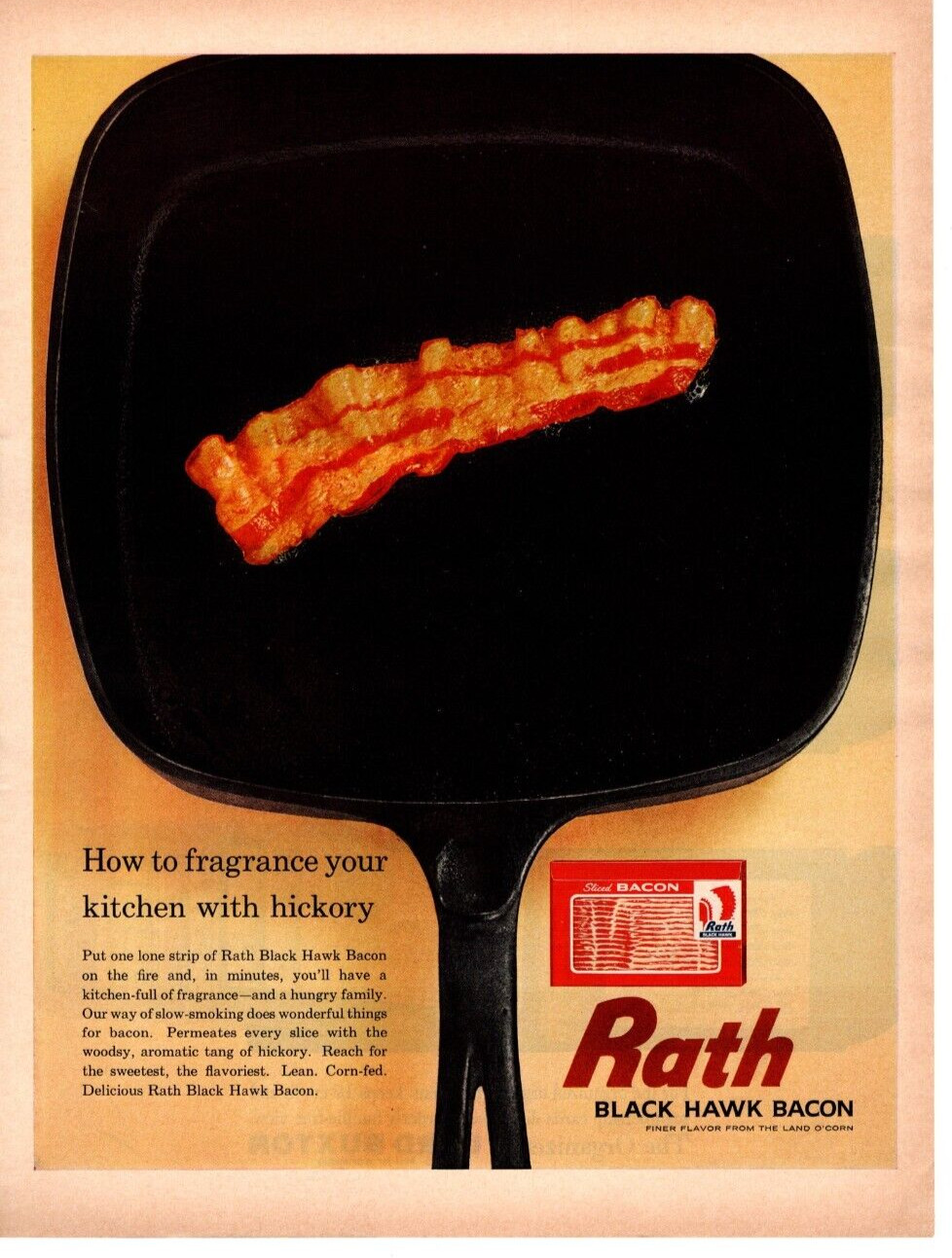 1963 RATH BLACK HAWK BACON PRINT AD, HICKORY SMOKED BACON VINTAGE PRINT AD