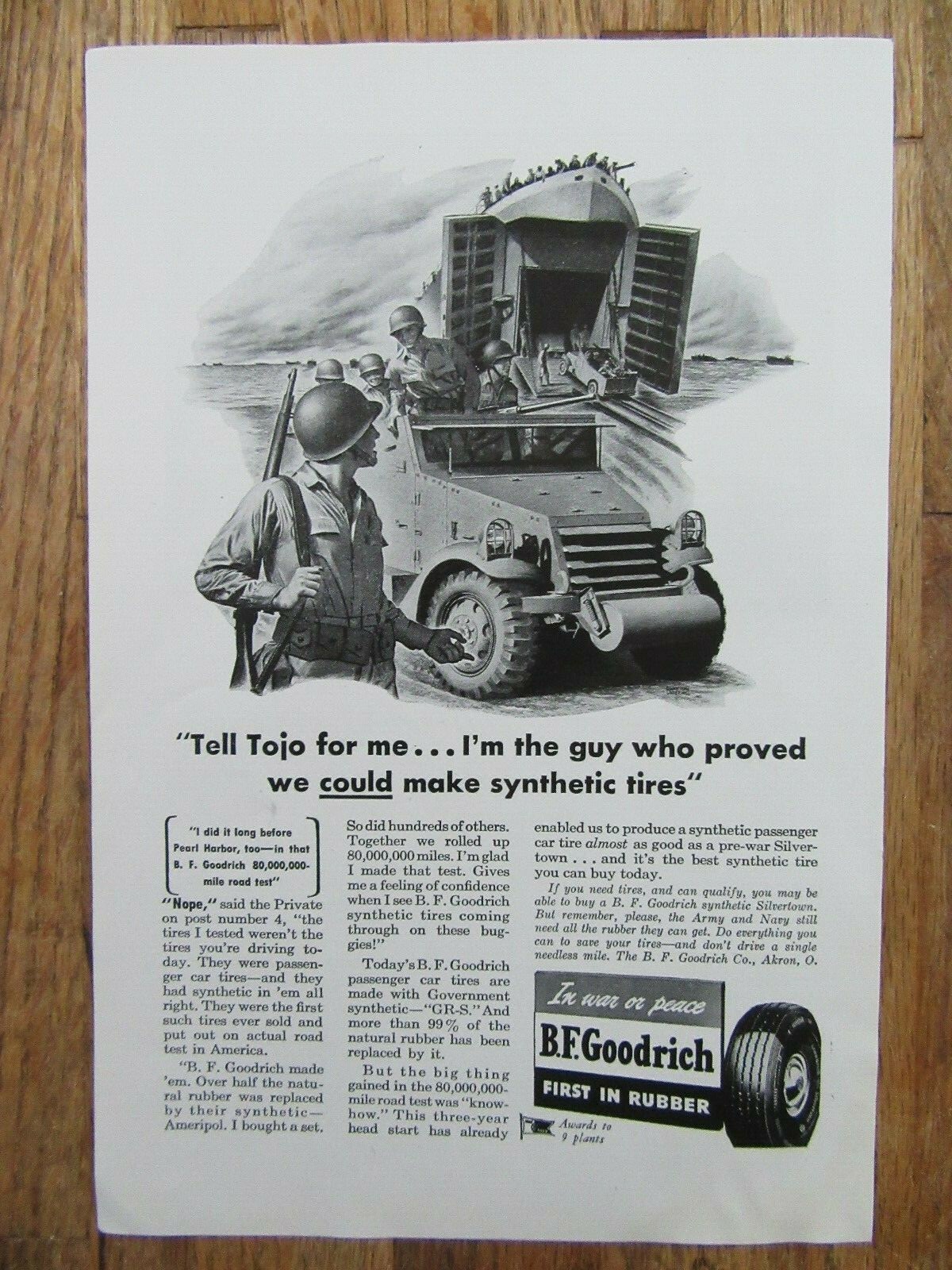 1944 BF GOODRICH Tires In War or Peace First In Rubber WWII Era Magazine Ad