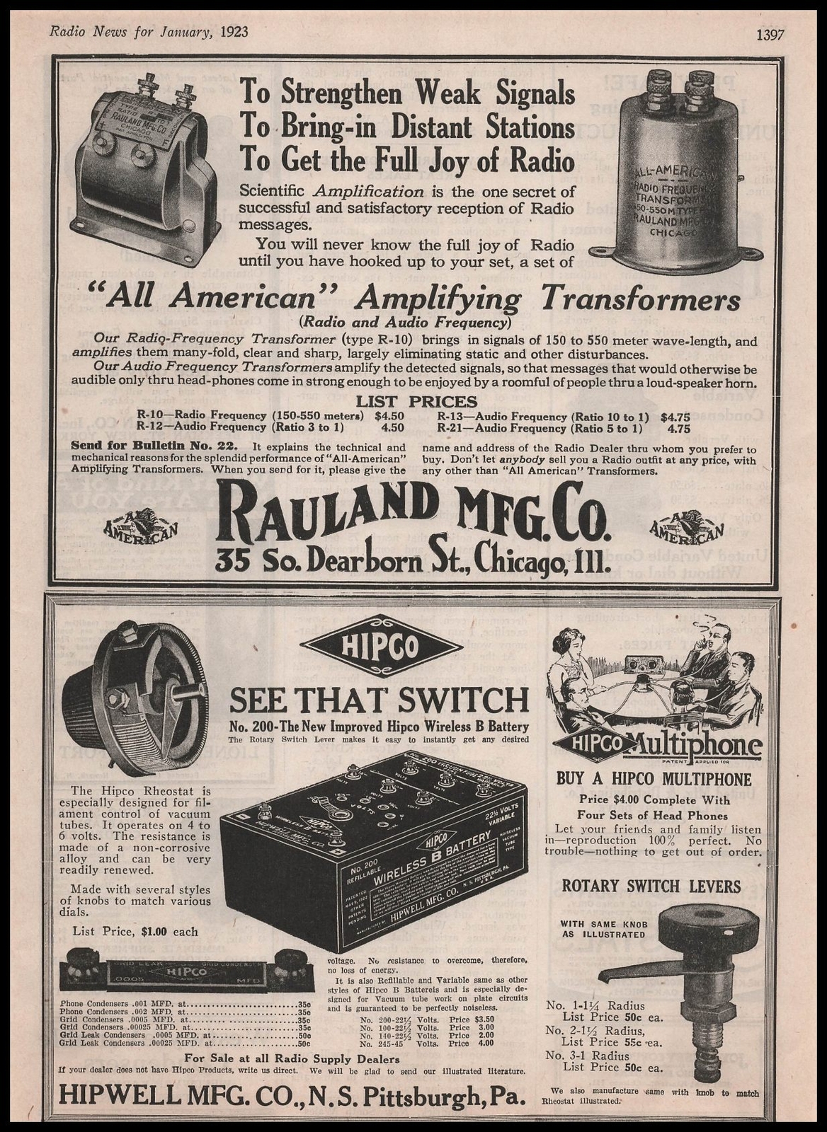 1923 Rauland Mfg Company Chicago Radio Amplifying Transformers Vintage Print Ad