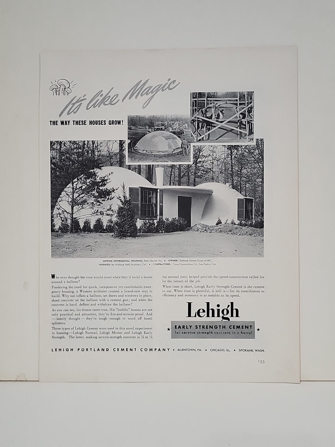 1942 Lehigh Portland Cement Fortune WW2 Print Ad Q1 Defense Experimental Housing