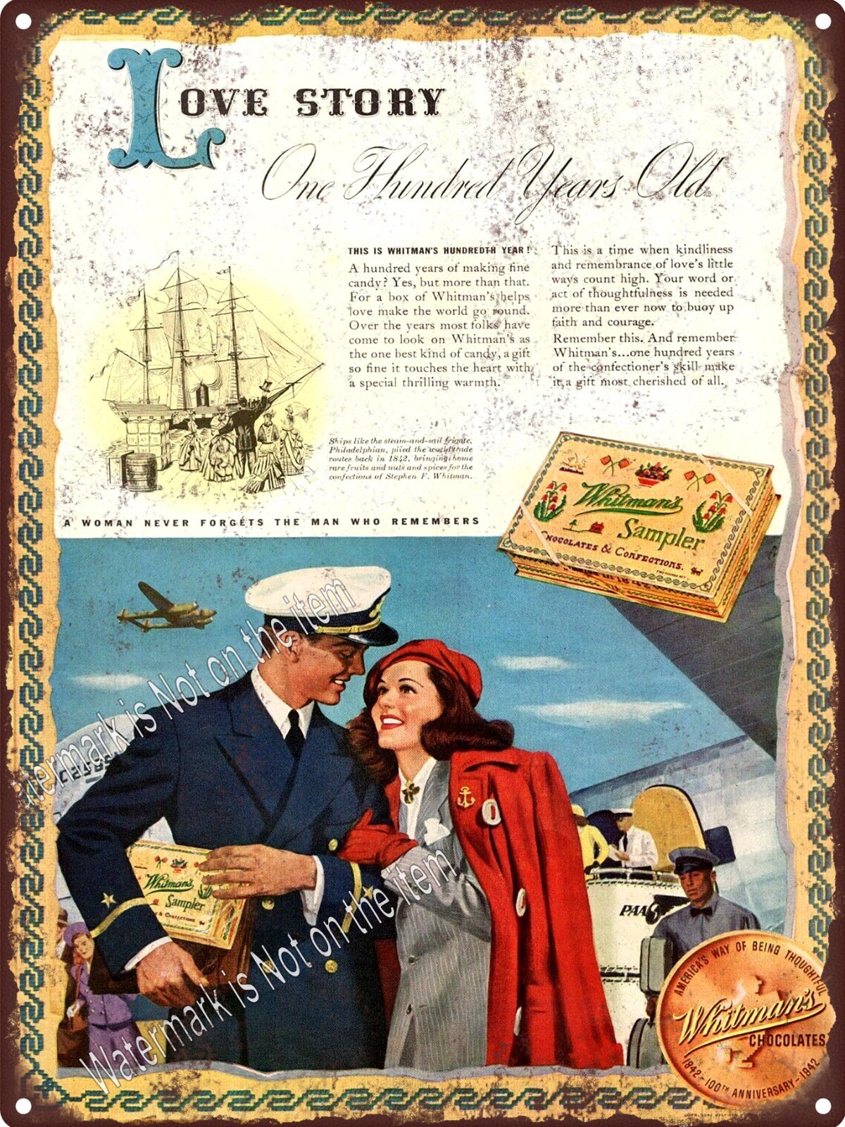 1942 WHITMAN’S SAMPLER 100 Years Old Sailor Girl Metal Sign 9×12″ A633