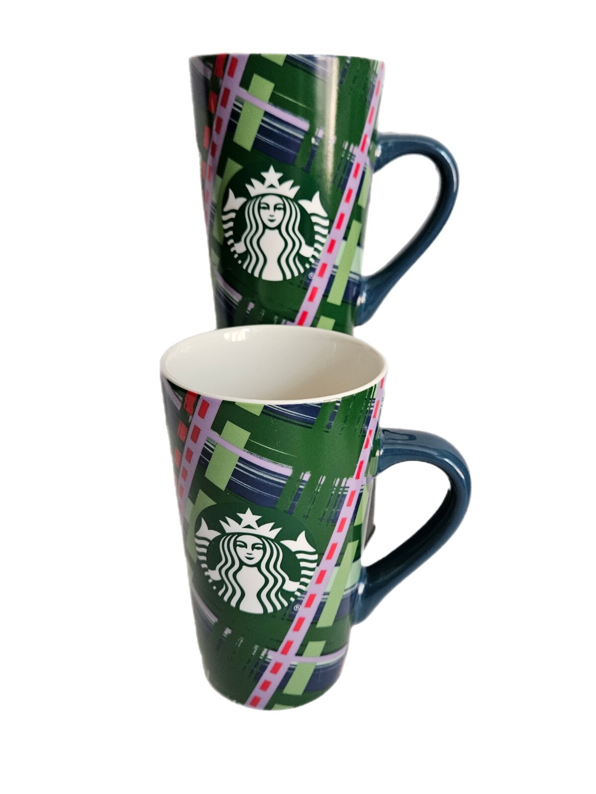 Pair Of (2) 16 Fl Oz 2020 STARBUCKS Tartan Green Plaid Ceramic Coffee/Tea Mugs