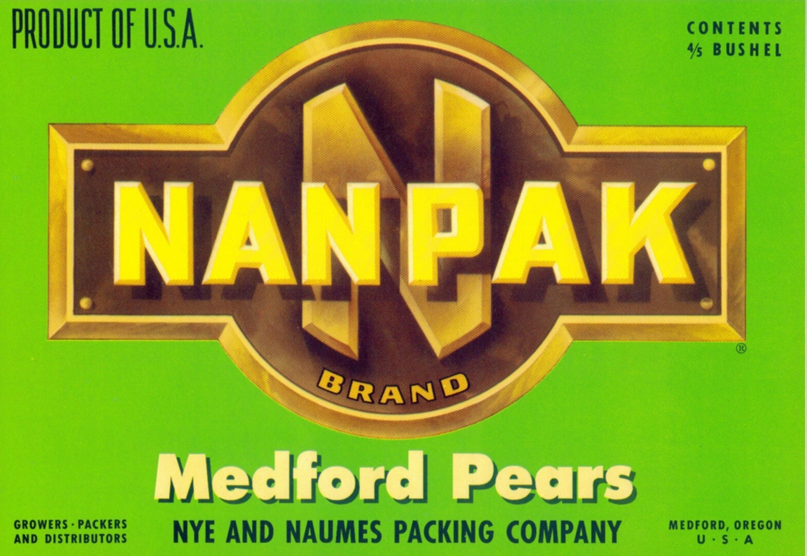 Original NANPAK pear crate label Nye & Naumes Packing Co. Medford Oregon green