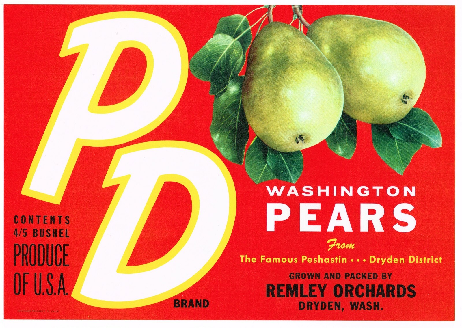 ORIGINAL PEAR CRATE LABEL DRYDEN WASHINGTON PD GLOSSY TYPOGRAPHY PESHASTIN RED D