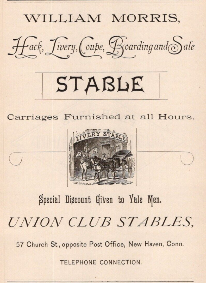 1889 Union Club Stables Hack Livery Coupe Boarding & Sale Yale Discount Print Ad