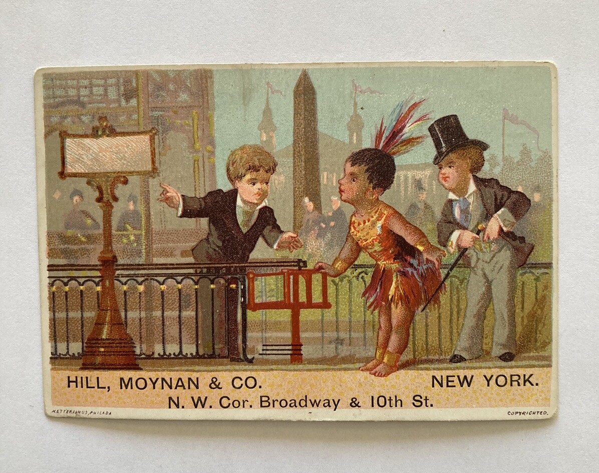 Hill Moynan Co. Victorian Trade Card Department Store Dressed Kids Buildings NY