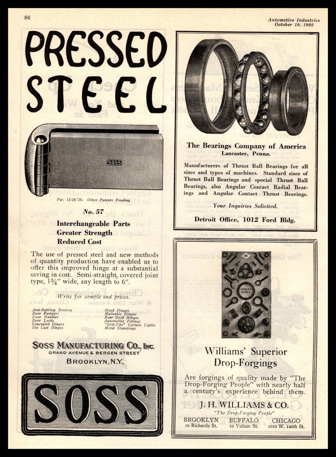 1922 Soss Manufacturing Company Brooklyn New York Pressed Steel Vintage Print Ad