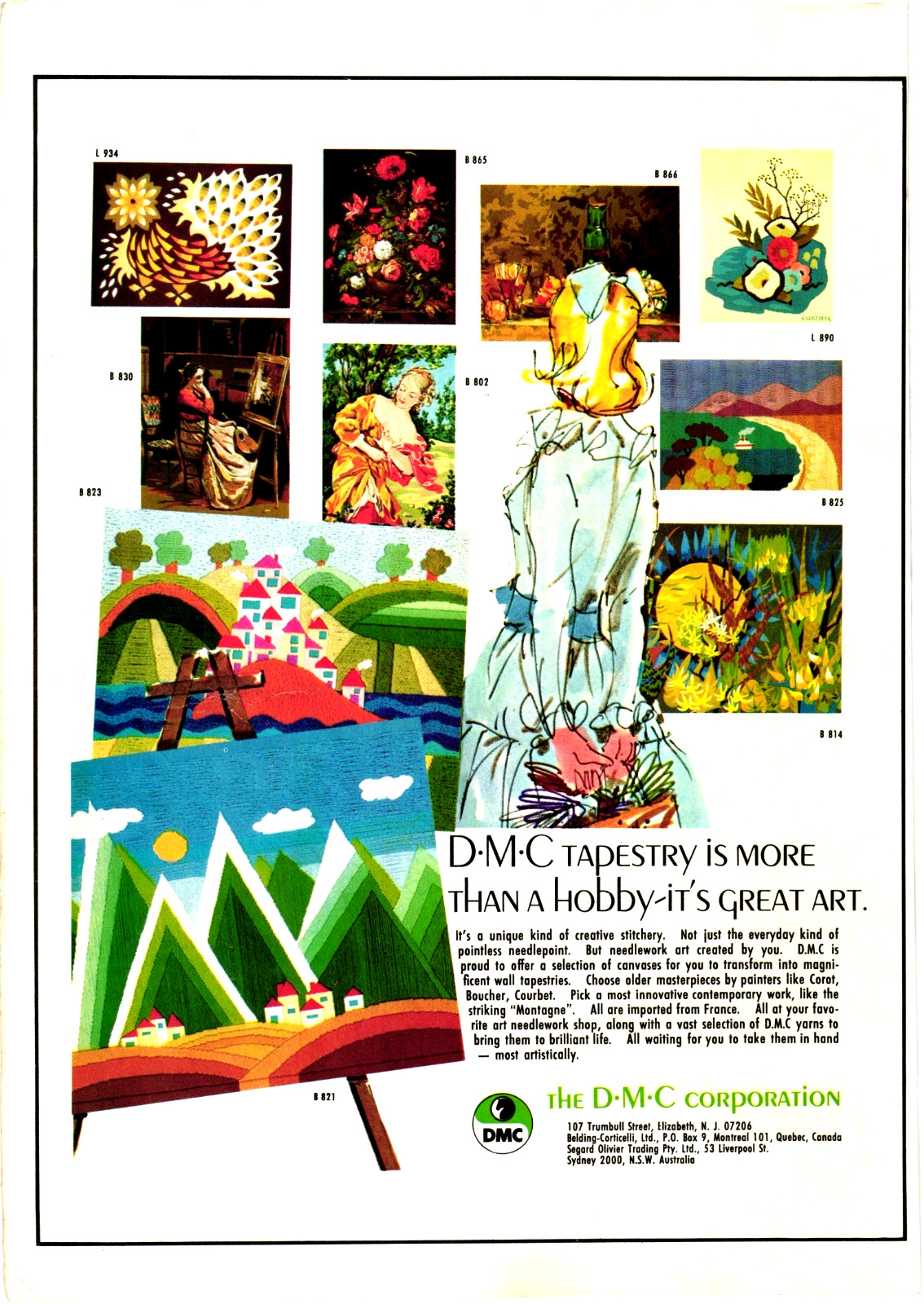 DMC Yarns Tapestry Needlework French Wall Art Elizabeth NJ 1973 Print Ad 326