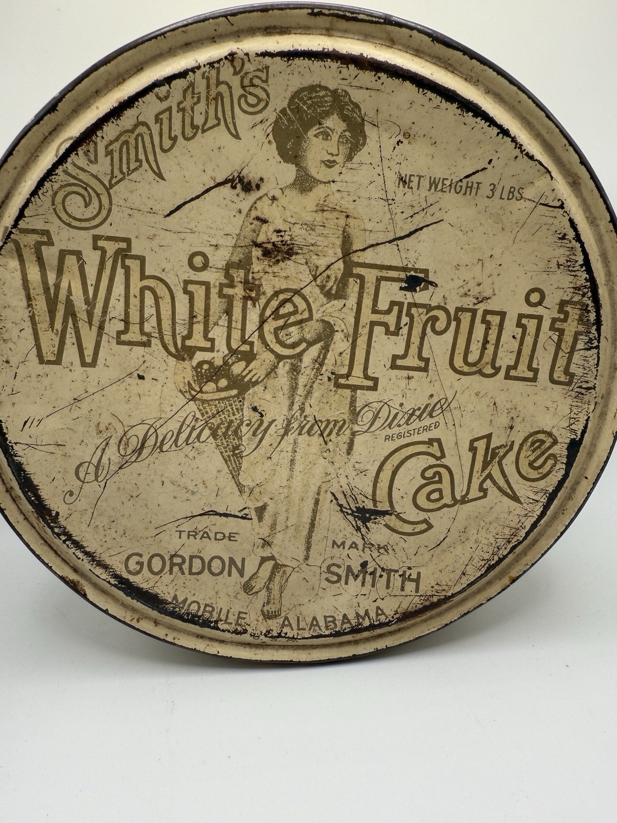 Antique Smith’s White Fruit Cake Tin Gordon Smith Mobile Alabama Advertising Can