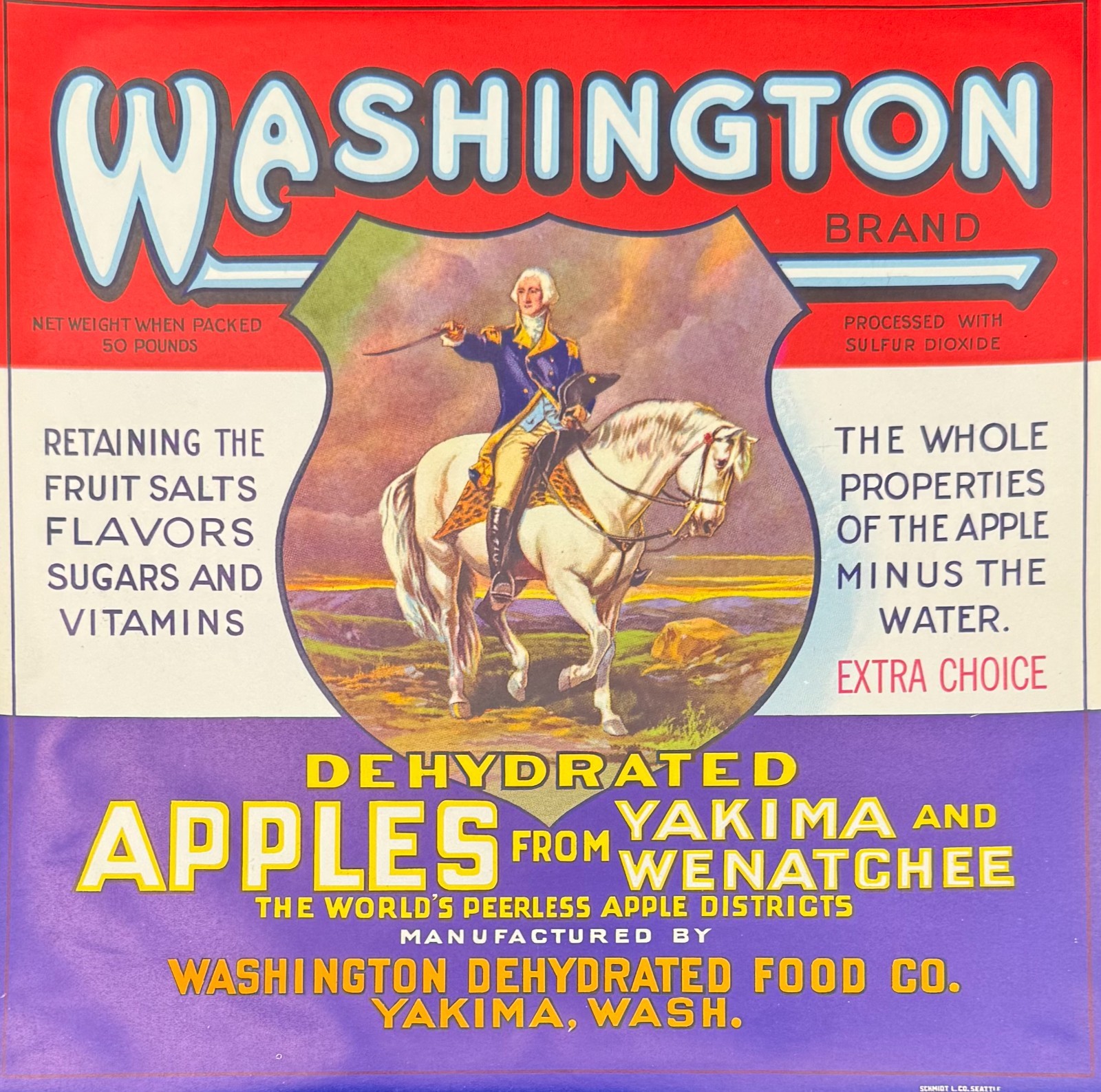 Vintage Washington Brand Dehydrated Apples 10×10 Label George Washington 1940s