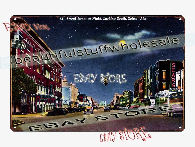 1942 Broad Street Selma Alabama night city scene Tin Sign art prints