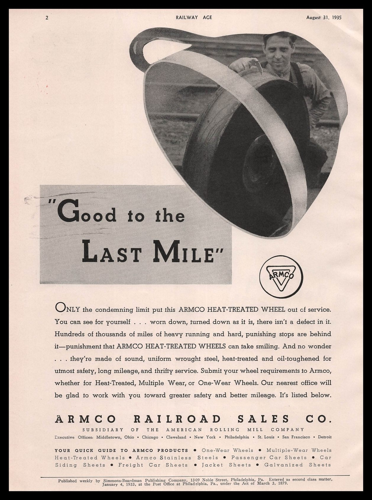 1935 Armco Railroad Sales Photo Heated Treated Locomotive Train Wheels Print Ad