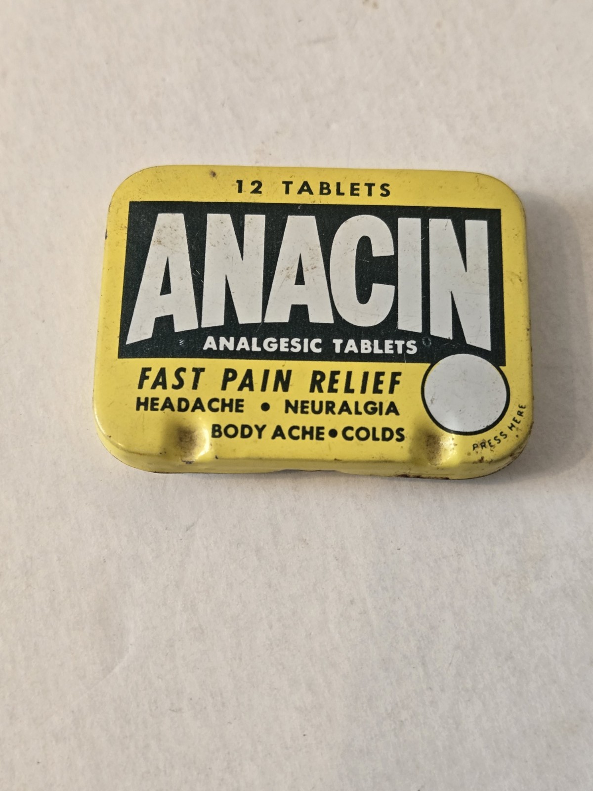 1970’s Anacin Aspirin Fast Pain Relief 12 Tablet Tin Vintage Medicine Product