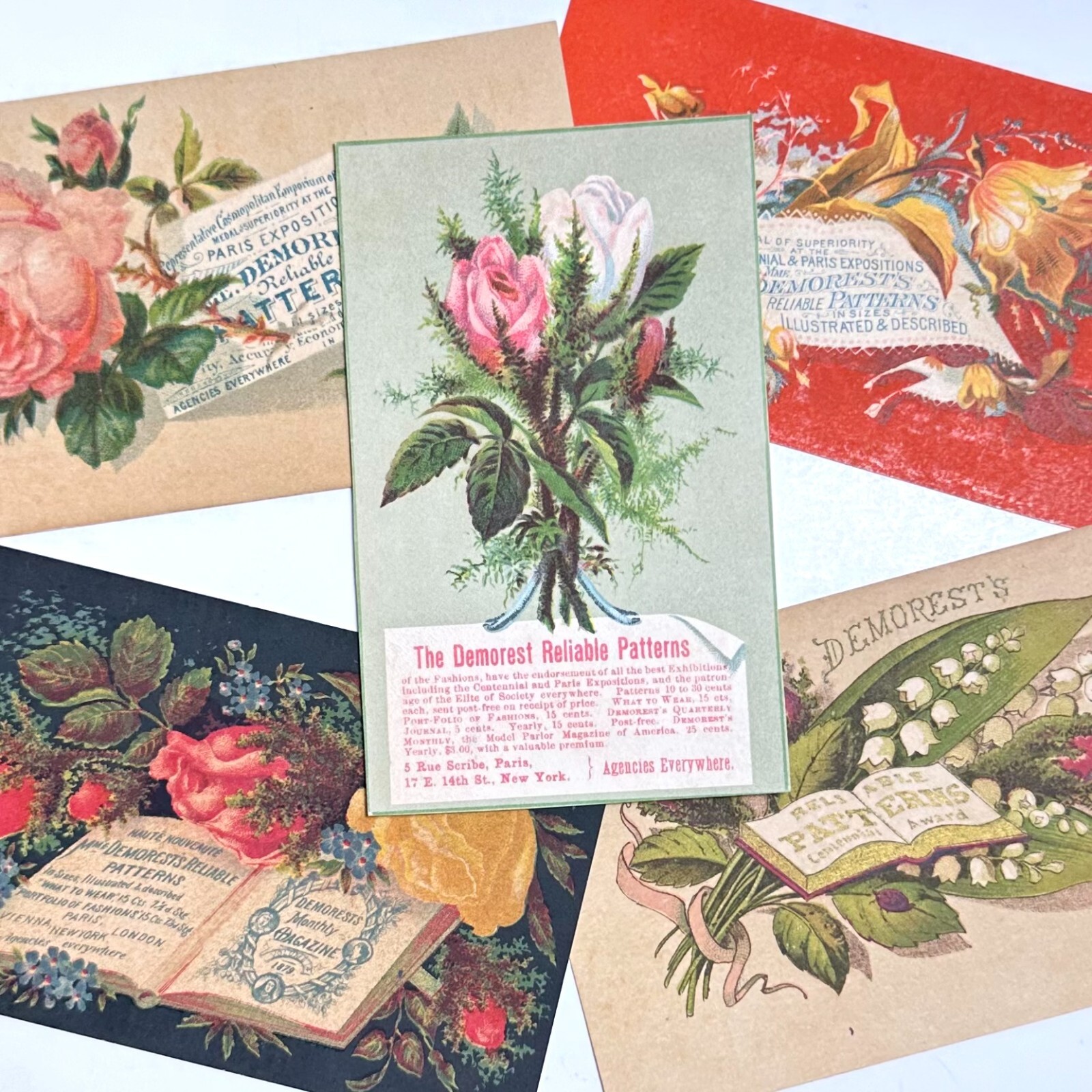 Demorest’s Reliable Patterns FLORAL THEME LOT OF 5 Victorian Trade Card